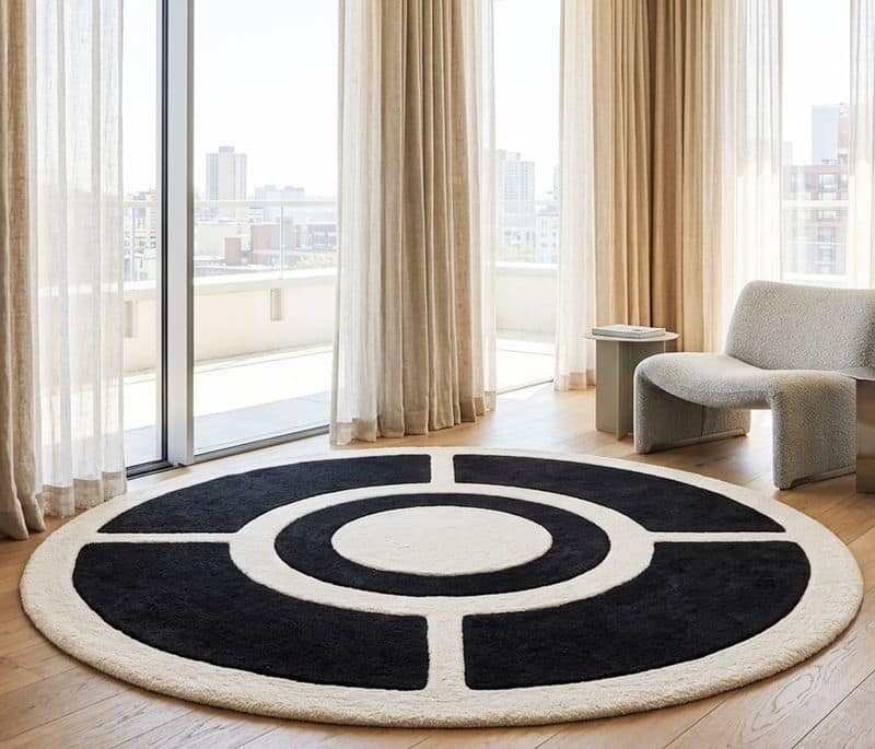 Contemporary Circular Hand Tufted Geometric 6x9 Rug | Black Ivory Modern Living Room Carpet