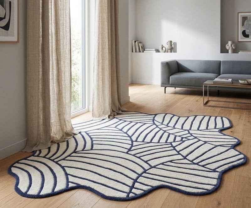 Organic Contemporary Hand Tufted Abstract Rug | Irregular Navy Cream Scandinavian Carpet 7x10