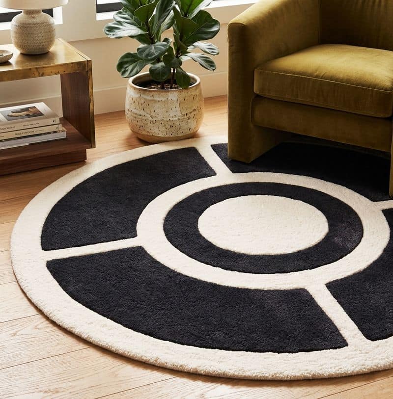 Contemporary Circular Hand Tufted Geometric 6x9 Rug | Black Ivory Modern Living Room Carpet