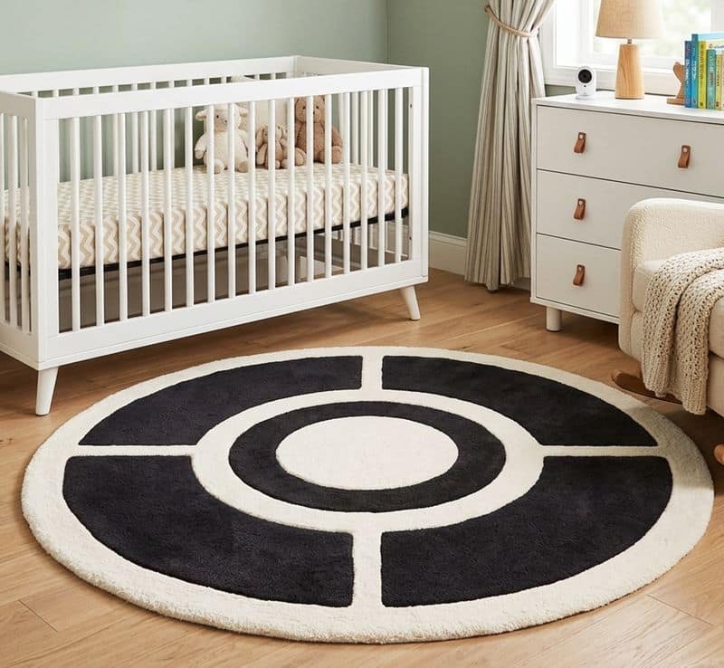 Contemporary Circular Hand Tufted Geometric 6x9 Rug | Black Ivory Modern Living Room Carpet