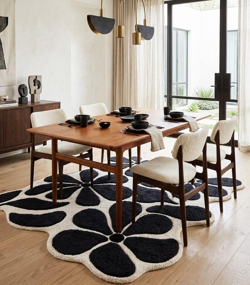 Handtufted Uneven Abstract Floral Living Decor Rug | Black White Scandinavian Plush Carpet 6x9