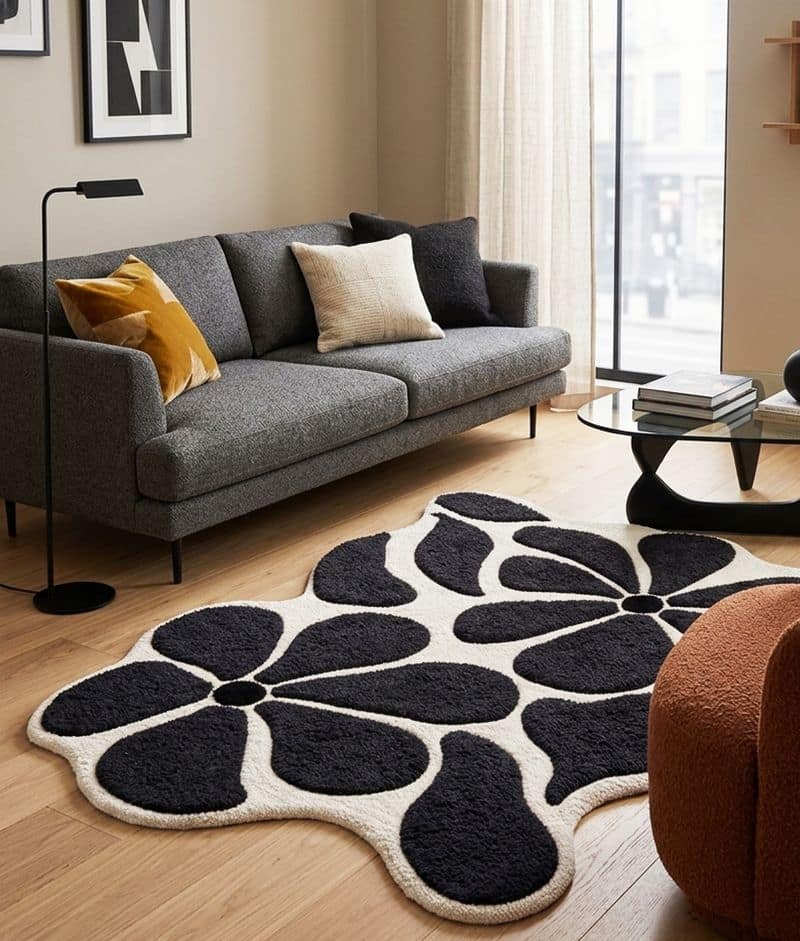 Handtufted Uneven Abstract Floral Living Decor Rug | Black White Scandinavian Plush Carpet 6x9
