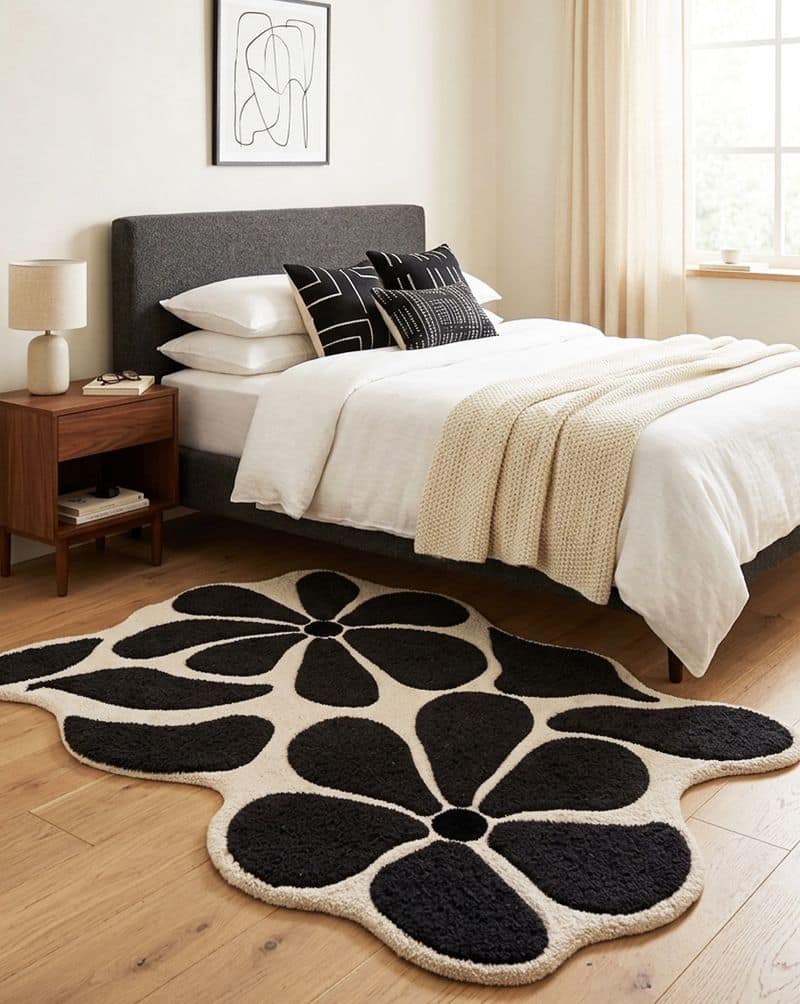 Handtufted Uneven Abstract Floral Living Decor Rug | Black White Scandinavian Plush Carpet 6x9