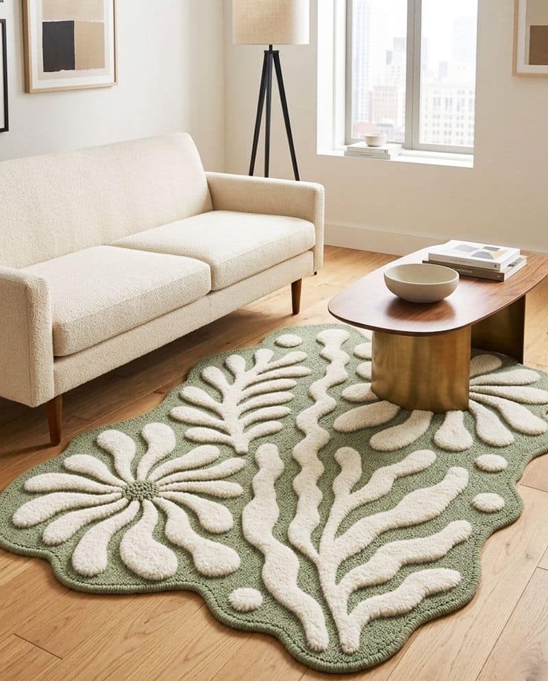 Irregular Sage Green Hand Tufted Rug | Abstract Botanical Wool Carpet | Scandinavian Organic Shape