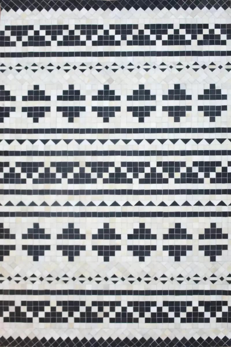 Black White Fusion Grid Leather Handmade Rug For Living Room