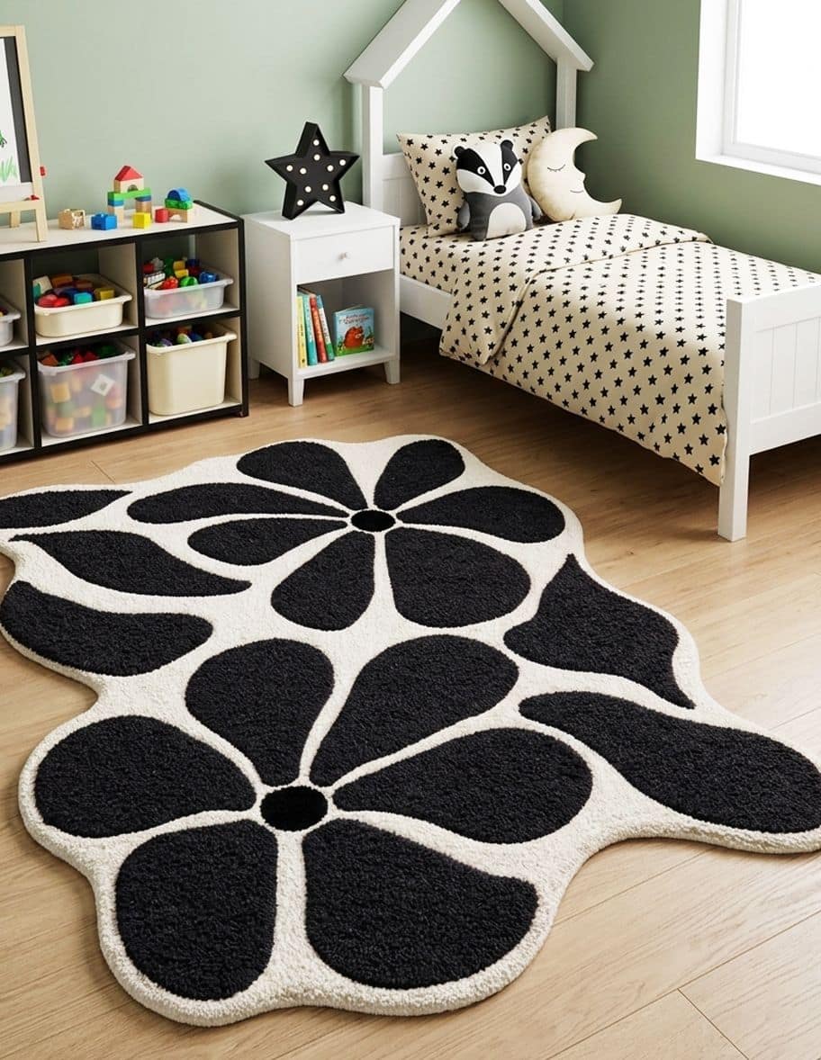 Handtufted Uneven Abstract Floral Living Decor Rug | Black White Scandinavian Plush Carpet 6x9