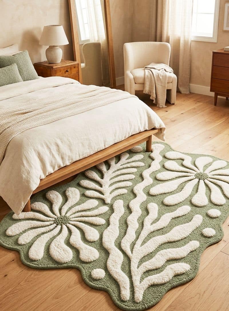 Irregular Sage Green Hand Tufted Rug | Abstract Botanical Wool Carpet | Scandinavian Organic Shape