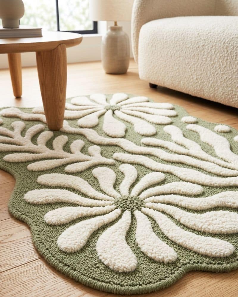 Irregular Sage Green Hand Tufted Rug | Abstract Botanical Wool Carpet | Scandinavian Organic Shape