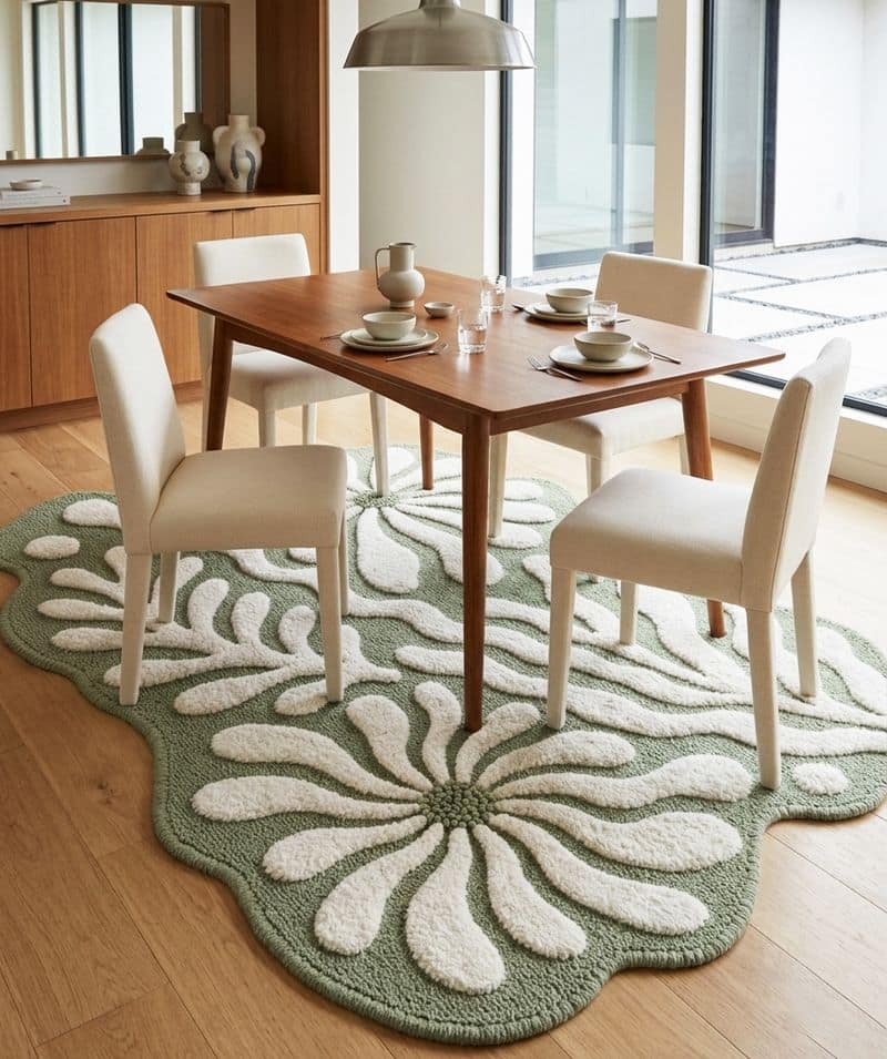 Irregular Sage Green Hand Tufted Rug | Abstract Botanical Wool Carpet | Scandinavian Organic Shape