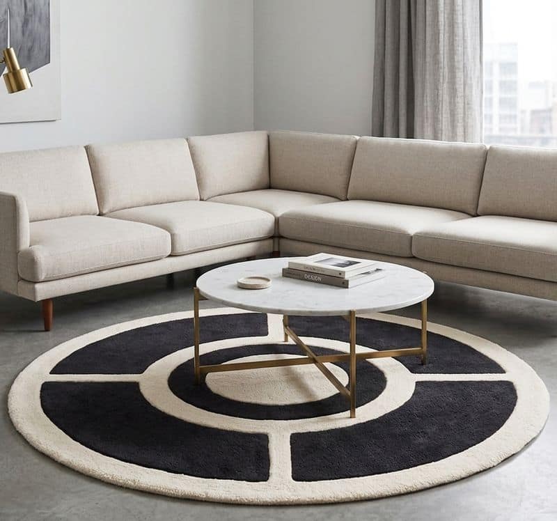 Contemporary Circular Hand Tufted Geometric 6x9 Rug | Black Ivory Modern Living Room Carpet