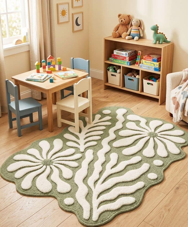 Irregular Sage Green Hand Tufted Rug | Abstract Botanical Wool Carpet | Scandinavian Organic Shape