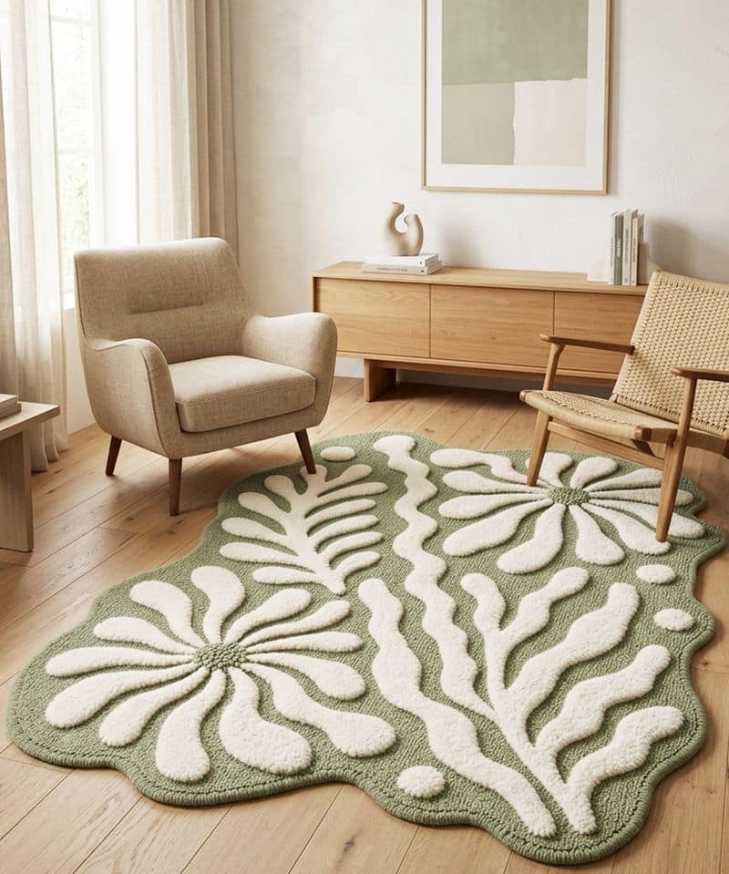 Irregular Sage Green Hand Tufted Rug | Abstract Botanical Wool Carpet | Scandinavian Organic Shape