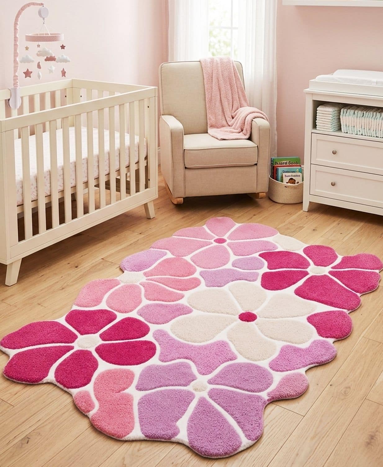 Pastel Lavender Flower 5x8 Rug | Hand Tufted Daisy Wool Carpet | Boho Nursery Accent