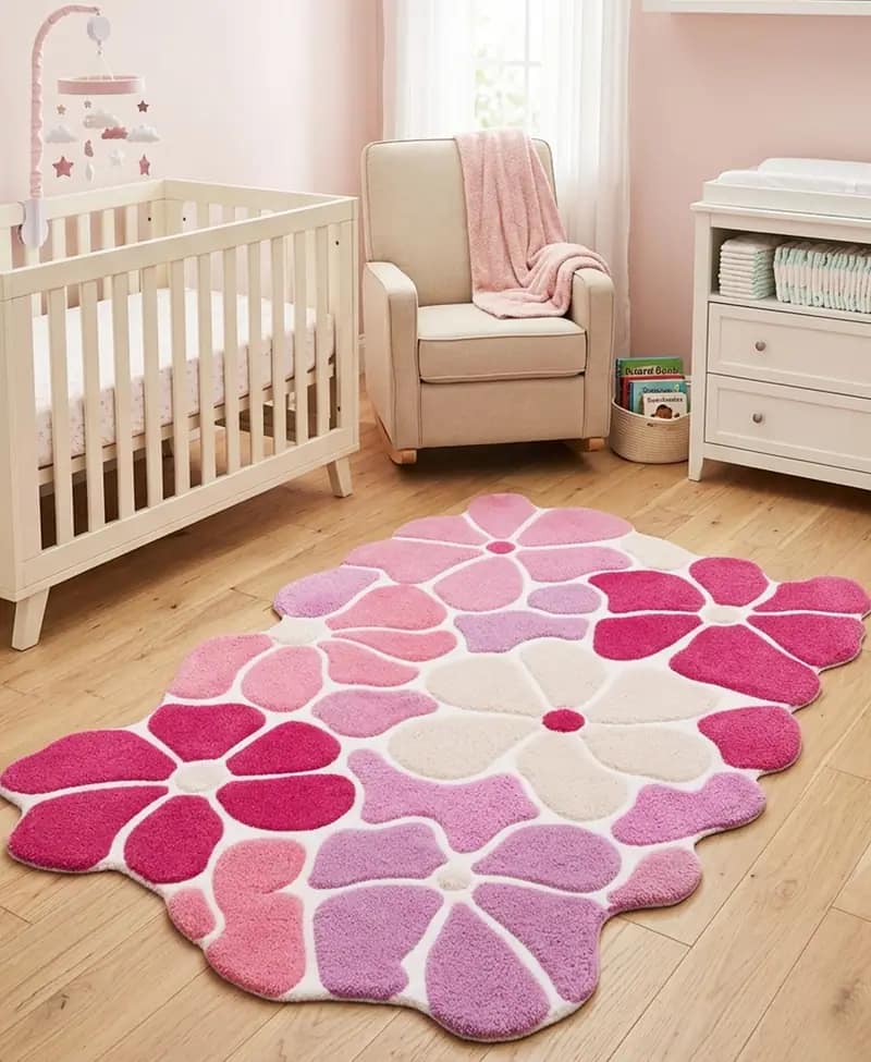 Pastel Lavender Flower 5x8 Rug | Hand Tufted Daisy Wool Carpet | Boho Nursery Accent