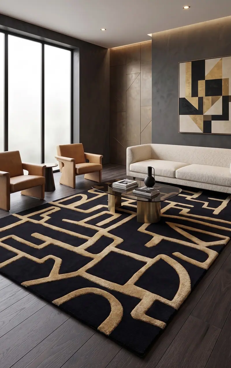 Modern Art Labyrinth Rug - Raised Gold and Black Geometric Line Rug