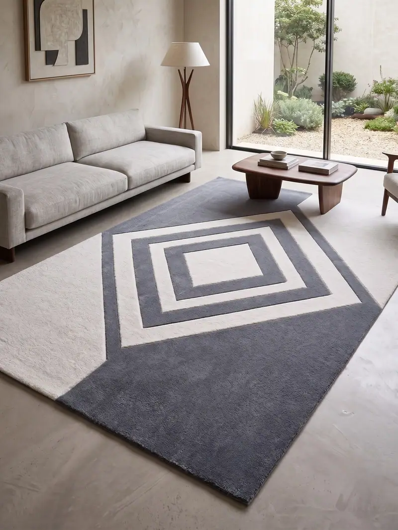 Concentric Diamond Geometric Area Rug - Charcoal Grey and White Modern Tufted Rug